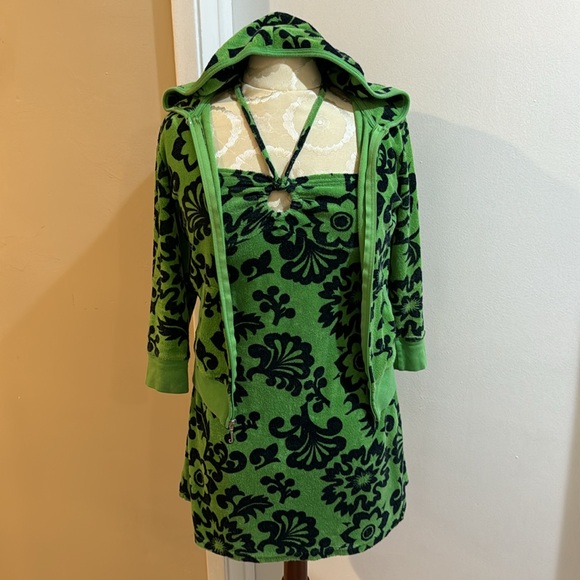 Juicy Couture Dresses & Skirts - Juicy Couture Vtg 2 Pc Navy Green Terry Cloth Dress Cover Up Zip Track Jacket P